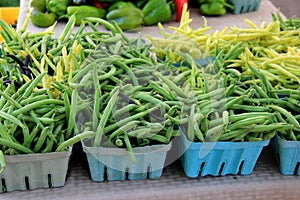 Several blue pint containers filled with fresh string beans at local farmers market