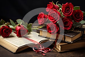 Several books with romance novels are placed on the table together with several red roses.
