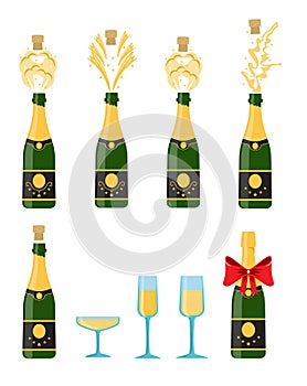 Several bottles of champagne being opened, vector illustration. Bottles and glasses