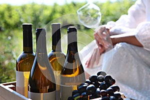 Several bottles of wine in a wooden box against the background of a vineyard. The girl with the glass is out of focus. A