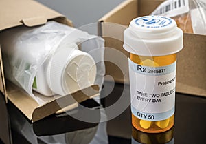 Several boxes with medicines in interior under prescription medical,