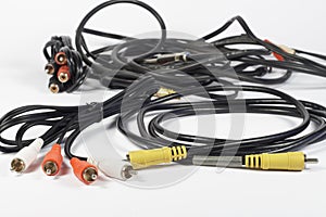 Several cables with RCA connectors for audio and video