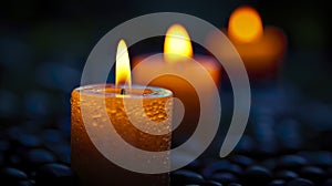 Several candles lit under a night vigil in a dark environment.