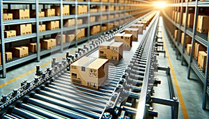 Several cardboard boxes move along a conveyor belt in the center of a busy warehouse fulfillment center.