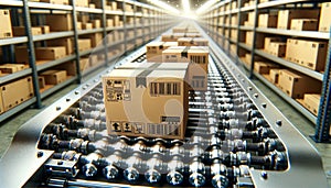 Several cardboard boxes move along a conveyor belt in the center of a busy warehouse fulfillment center.