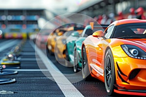 Several cars zooming down a race track, showcasing the excitement and speed of motorsport, A set of sports cars lined up at the