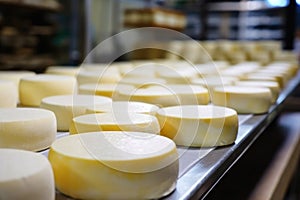 Photo of cheeses on a conveyor belt in a factory. Industrial cheese production plant. Modern technologies. Production of different