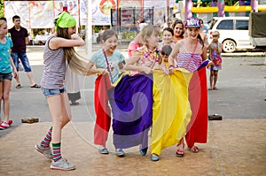 Several children ready to flee in sewn sacks at a pirate party d