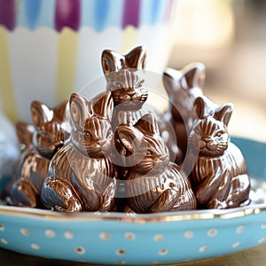 Several chocolate bunny figurines on a plate in a sweet-shop.