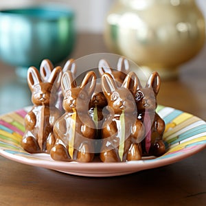 Several chocolate bunny figurines on a plate in a sweet-shop.