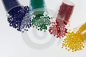 several colored plastic granulate resins laboratory