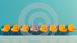 Several coloreful chairs are arranged in a row against a blue background in this yellow and amber-inspired image