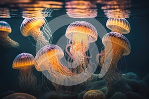 Several Colorful Bioluminescent Jellyfish