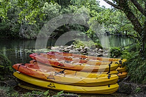 Several colorful canoes resting on the riverbank