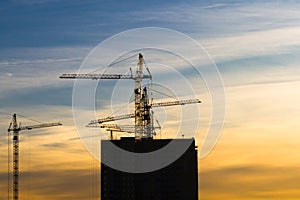 Several cranes crane yellow finish building multi-storey residential building at sunset