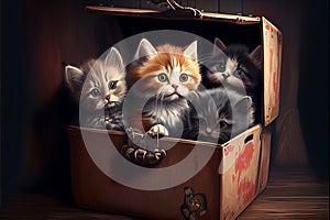 Several cute kittens are sitting in a box. AI generated.