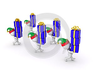Several 3D Characters with Elf Hats Carrying Wrapped Gift Boxes
