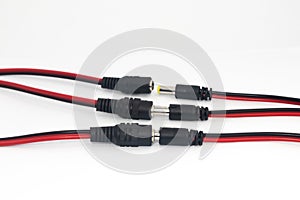 Several DC 12v male and female connectors used as DIY electronic parts for electronics hobbyists