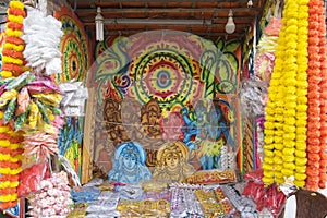 Several decorative materials required for celebrating the Durga puja festival.