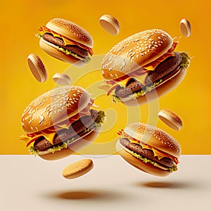 Several Delicious fast food hamburgers flying on a yellow background.