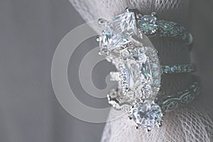 Several diamond wedding engagement rings. Fine jewelry.