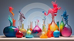 several different colored liquids are sitting in bottles and splatters