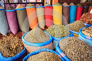 Several different colourful spices in Marrakesh, Morocco