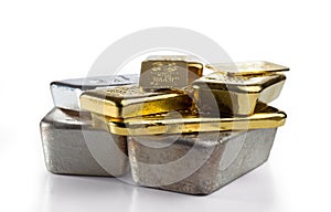 Several different gold and silver bullion.