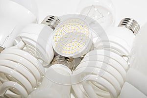 Several different led bulbs and compact fluorescent lamps