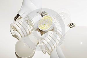 Several different led bulbs and compact fluorescent lamps