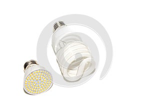 Several different led bulbs and compact fluorescent lamps