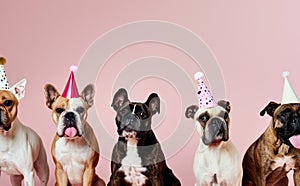 several dogs with birthday hats and party hats