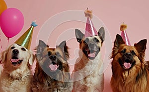 several dogs with birthday hats and party hats