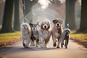Several dogs of different breeds and sizes walking in a single file down a road, Professional Dog Walkers, Dog Walking Business,