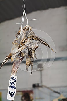 Several dried fish hang on rope
