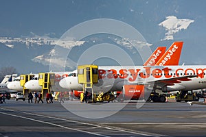 Several Easyjet jets on the apron in Innsbruck airport
