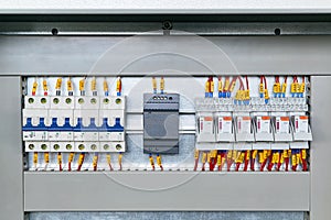 Several electrical circuit breakers, power supply and intermediate relays.