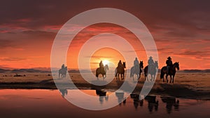 Several equestrians at sunset in the prairie created with Generative AI