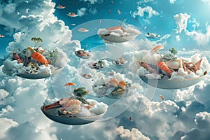 Several fish are suspended in the sky above fluffy clouds in a surreal scene, A dreamlike landscape where seafood dishes float in
