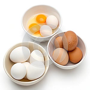 Eggs in bowls isolated on white background