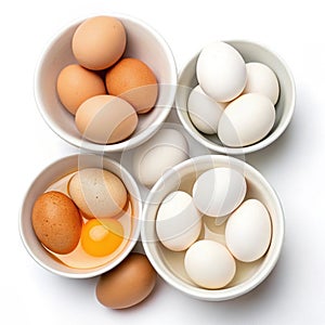 Eggs in bowls isolated on white background