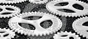 Several gears with different inscription. topic of finance. in focus finance plan photo