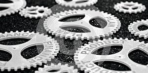 Several gears with different inscription. topic of finance. in focus finance plan product photo
