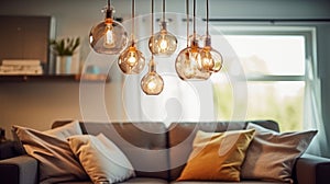 Several glass globe-shaped pendant lights above a sofa in a cozy living room. Elegant modern interior design with an