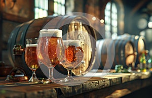 several glasses of beer sit next to a barrel on a wooden background