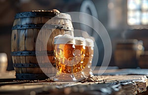 several glasses of beer sit next to a barrel on a wooden background