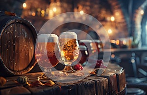 several glasses of beer sit next to a barrel on a wooden background