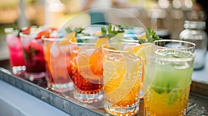 Several glasses of colorful mocktails arranged on a tray ready to be served to the guests