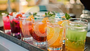 Several glasses of colorful mocktails arranged on a tray ready to be served to the guests