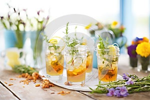 several glasses of iced herbal tea with assorted herbs garnish